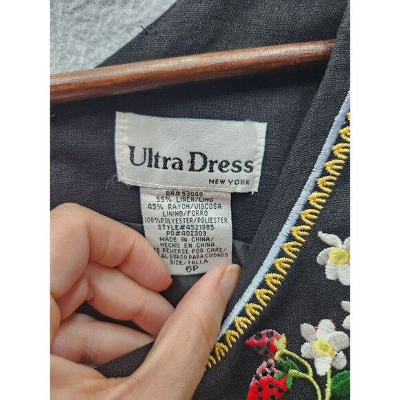 Vtg Black Sleeveless Ultra Dress W/Floral & Strawberry Embroidery Button Accents - Picture 6 of 6